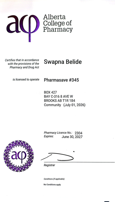 Brooks Pharmasave 2026-2027 Pharmacist License